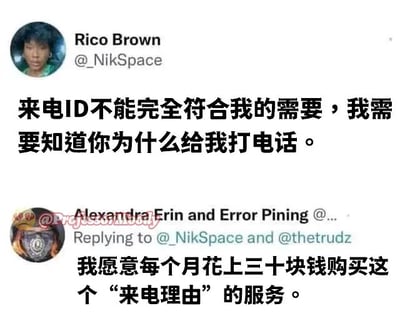 这张图片为社交平台上的一段搞笑对话截图。上半部分的人吐槽手机的来电显示（来电ID）只告诉了打电话人的号码，但并未满足他更深层的需求——也就是想知道“你为什么要打给我”。下半部分的回复承接上文，创意发言称“愿意花钱买一个来电理由服务”，幽默地表达了对接电话尴尬和社交倦怠的调侃。整个场景带有网络自嘲和反向许愿的意味，反映了当代年轻人对社交压力的真实无奈。没有谐音梗或暗示，但有明显的幽默双关，——‘来电理由’其实戏谑了现代人的社交恐惧和信息焦虑。

双关说明：将原本用于显示号码或姓名的“来电ID”，升级为显示“你为啥给我打电话”的来电理由，这种荒诞设定是梗的笑点。