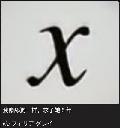 图片主体为白色背景中央的黑色艺术化“X”字符，下方配有中文文案“我像舔狗一样，求了她5年”，底部标注“via フィリアグレイ”。整体通过简洁的视觉符号与直白的文字结合，表达了长期卑微追求他人而不得的情感状态。