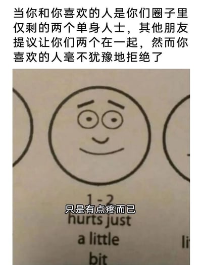 图片上方文字描述了一个情感场景：当你和喜欢的人是圈子里仅剩的两个单身人士，其他朋友提议你们在一起时，喜欢的人却毫不犹豫地拒绝了。下方是一幅简单的卡通笑脸图像，脸部为圆形，眉毛微挑，眼睛圆睁，嘴角带着淡淡的微笑，表情看似平静。图像底部配有文字“只是有点疼而已 hurts just a little bit”，通过反差手法幽默地表达了被拒绝后内心轻微的失落与无奈。