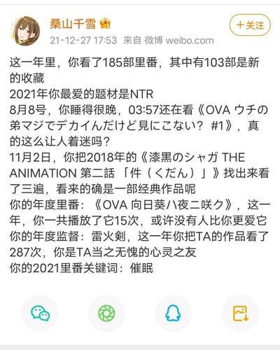 这是微博用户桑山千雪在2021年12月27日发布的一条原创趣味微博，模仿主流视频平台年度观看报告的格式，虚构了一份针对里番内容的2021年度观看统计报告。内容包含年度观看里番总数、新收藏数量、最爱的题材、熬夜观看的具体作品记录、反复重温的经典作品、年度播放次数最多的里番、年度最爱的监督以及年度关键词等信息，整体用调侃、趣味的语气呈现，属于二次元爱好者的自娱自乐创作，充满了二次元亚文化的趣味。