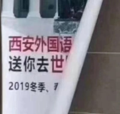 图片展示了西安外国语大学的一个标牌，上面有引人注目的文字“西安外国语 送你去世 2019冬季”。这实际上是一个有趣的误读现象，原标牌可能想表达“送你去世界”等积极含义，但由于文字排版或部分遮挡，被误读为具有消极含义的“送你去世”，产生了幽默效果。