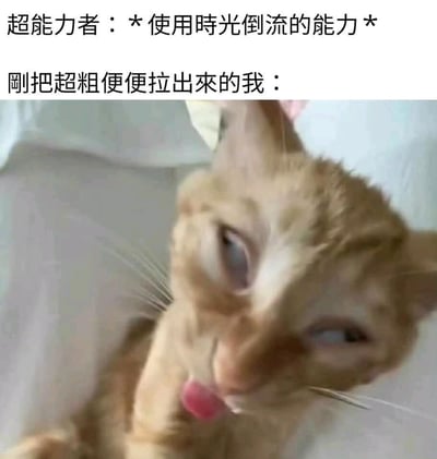 这是一张幽默梗图，上方文字描述"超能力者：*使用时光倒流的能力*"，中间文字为"刚把超粗便便拉出来的我："，下方是一张表情极为扭曲的橘猫照片。猫咪眼神惊恐，耳朵向后撇，嘴巴微张吐着舌头，生动表现出如果时光倒流需要重新经历排便过程的极度抗拒和恐惧。通过将人类尴尬情境与动物夸张表情结合，制造出荒诞又搞笑的效果。