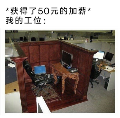 这是一张充满自嘲意味的职场搞笑梗图，上方配文“*获得了50元的加薪* 我的工位：”，图片主体是在普通的开放式办公区域中，一个工位被改造成了极具奢华感的木质隔间：内部铺设了木地板与装饰地毯，搭配复古雕花的精致小书桌和高端办公椅，与周围简约朴素的普通工位形成强烈的视觉反差。这一夸张的改造，用戏谑的方式调侃了职场中员工获得小额加薪后，通过打造“仪式感”来自我满足的心态，充满了职场人的自嘲与幽默。