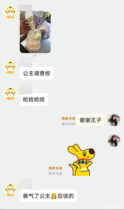 这是一张竖屏的美团外卖骑手与顾客的聊天记录截图，骑手首先发送了打包好的外卖实物照片，随后用当下流行的趣味称呼“公主请查收”和顾客互动，还附上“哈哈哈哈”的笑声；顾客则以“谢谢王子”回应，并发送了带有“辛苦了”字样的美团袋鼠专属表情包；骑手接着回复“客气了公主👑应该的”，整个对话充满轻松诙谐的氛围，将网络上流行的趣味称呼融入日常外卖配送的交流中，显得十分有趣。