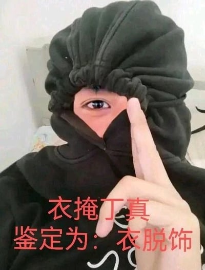 这是一张网友创作的P图改编搞笑图，图中人物用深色卫衣的帽子和衣料将脸部大部分遮挡，仅露出一只眼睛，同时左手比出手势。图片下方配有红色文字“衣掩丁真，鉴定为：衣脱饰”，这是对网络热梗“一眼丁真，鉴定为：依托答辩”的谐音改编，“衣掩”谐音“一眼”，呼应人物用衣服遮挡脸部的动作，“衣脱饰”谐音“依托事”（原梗谐音“依托答辩”即“一坨大便”的谐音，用来调侃吐槽），通过视觉画面与文字谐音的结合，制造出幽默调侃的效果。