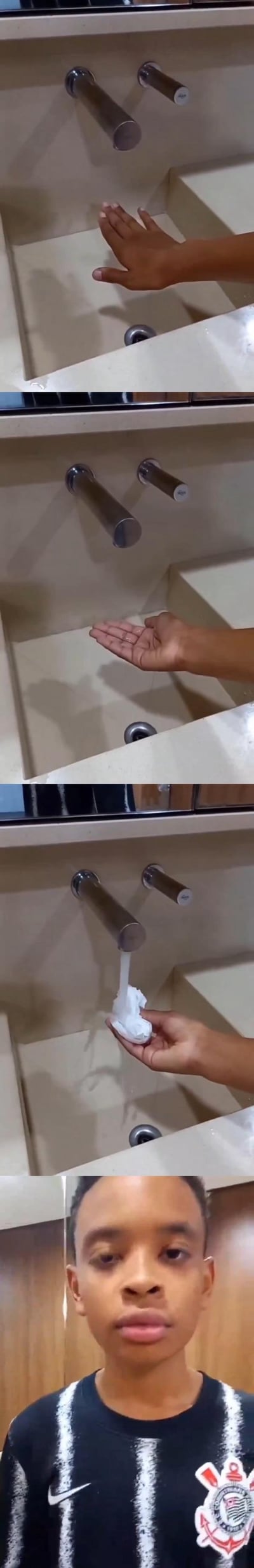 这是一组四格连环实拍图，呈现了一个设置特殊的洗手池的迷惑操作：
1. 第一格：手放在悬空水龙头下方，没有水流流出；
2. 第二格：手摊开后，水龙头流出少量清水；
3. 第三格：手拿着纸巾时，水龙头却流出了白色的类似洗手液的液体；
4. 第四格：一位黑人小哥露出无奈又迷惑的表情，仿佛是经历了这个洗手池后的真实反应。
整组图通过洗手池的反常出水效果制造反差笑点，最后人物的表情完美诠释了遇到迷惑事物的状态，没有双关或谐音梗。