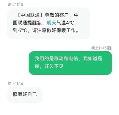 这是一张微信聊天记录静态截图，时间显示在晚上11点13分左右。对话开篇是一条伪装成中国联通官方提醒的消息，内容为告知接收者明天气温在4℃到-7℃，提醒做好保暖措施；随后接收者回复，表明自己使用的是移动和电信运营商，识破了这条消息并非官方短信，而是旧人的问候，并附上一句“好久不见”；最后发消息者回复“照顾好自己”，整个对话通过错位的身份制造出温情的小反转，充满暖心的氛围感，是一种趣味又含蓄的关心表达。