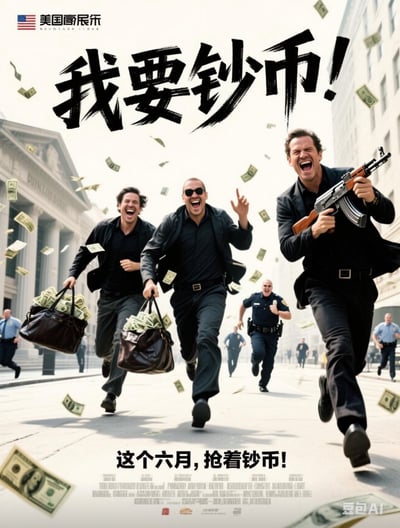 这是一张模仿电影抢劫主题的AI合成梗图，画面为三名身穿黑色衣服、携带装满现金的包和武器的男子在城市街道上急速逃跑，后方有警察奋力追赶，周围空气中飞舞着大量美元钞票。画面上方用大字写着“我要钞币！”，下方副标题为“这个六月，抢着钞币！”，整体氛围紧张又带有夸张幽默感。图中“钞币”与“金币”、“人民币”谐音，有双关梗，暗指六月经济热点、抢钱潮流等网络现象（如618、年中促销等）。

画面具有明显的电影海报风格，但本质是AI生成的趣味梗图。