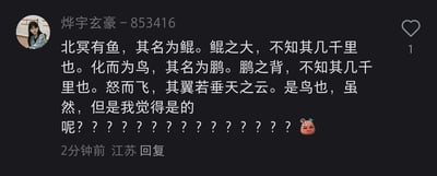 这是一张来自江苏的社交媒体回复截图，发布于2分钟前，回复者昵称是烨宇玄豪-853416，头像为一位面向镜头、表情平静的真人女性。回复内容先完整引用了道家经典《庄子·逍遥游》的开篇段落，描绘了鲲化为鹏的宏大意象，随后话锋一转，写下逻辑断裂的“虽然，但是我觉得是的呢？？？？？？？？？？？？？？？”，并搭配一个头顶带有问号的疑惑表情，内容前后衔接突兀，未明确表达疑惑的具体指向，给人一种摸不着头脑的感觉，像是回复者即兴的、未说完的疑惑发言。