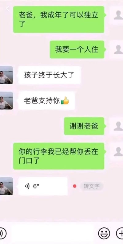 这是一张模拟微信聊天记录的截图，展示了孩子与父亲之间的幽默对话。孩子（绿色气泡）兴奋地告诉父亲自己成年了想要独立生活并搬出去住，父亲（白色气泡，带有人像头像）先是欣慰地表示“孩子终于长大了”并点赞支持，在孩子道谢后，父亲却语出惊人地回复“你的行李我已经帮你丢在门口了”，最后还发了一条6秒的语音消息。整个对话通过反差萌制造出搞笑效果，体现了亲子间轻松诙谐的互动。