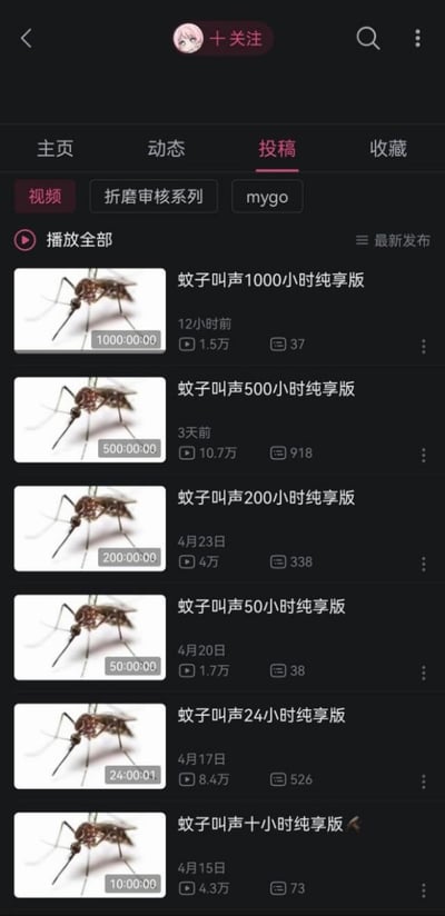 这是一张B站用户投稿页面的截图，页面顶部显示该UP主的投稿分类包含“折磨审核系列”标签，投稿列表依次为1000小时、500小时、200小时、50小时、24小时、10小时共6款不同时长的蚊子叫声纯享版视频，每个视频的封面均为蚊子实拍图，封面下角标注对应视频时长，各视频发布时间从4月15日到12小时前不等，均获得了数千到十余万不等的播放量，属于创作者发布的恶搞整活类内容，主打“折磨”观看者和平台审核的趣味效果。