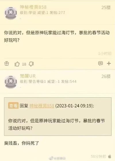 这张图片内容展示了一次典型的游戏社区互怼场景，网友因讨论原神春节期间的海灯节及春活活动，在社交平台上进行激烈对线。发言风格直接、情绪化，充满嘴臭和戾气，属于年轻网络群体特有的梗图文化。
