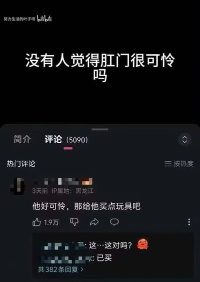 图片展示了B站评论区的一个搞笑讨论场景。顶部显示用户名“努力生活的叶子呀”及B站标识，主标题为“没有人觉得肛门很可怜吗”，下方是评论区界面，显示共有5090条评论，热门评论第一条为“他好可伶，那给他买点玩具吧”，获1.9万点赞，IP属地显示为黑龙江，评论下方还有“这…这对吗？”“已买”等回复内容。整体呈现出一种无厘头的幽默讨论氛围。
