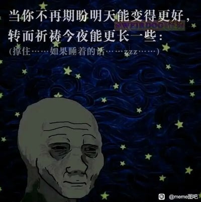 这是一张丧系风格的meme表情包，背景采用了类似梵高经典画作《星月夜》的深蓝色漩涡状星空，搭配散落的黄色星星，营造出静谧又略带压抑的夜晚氛围。前景是一个经过风格化处理的卡通人物，他面容憔悴，眼皮沉重下垂，眼部有着浓重的黑眼圈，神情麻木无神，仿佛正强撑着意识不让自己睡去。图中的文字内容“当你不再期盼明天能变得更好，转而祈祷今夜能更长一些：(撑住……如果睡着的话……zzz……)”，精准地传递出人物对未来失去期待，只想停留在当下的夜晚、逃避现实的疲惫与麻木心态，深刻戳中了当代人在生活与工作压力下产生的消极情绪。