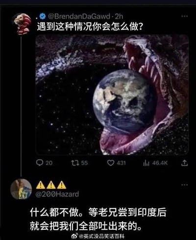 这是一张Twitter社交媒体截图，用户@BrendanDaGawd发帖提问“遇到这种情况你会怎么做？”，配图是太空中一只巨大生物张开血盆大口，正将地球含在口中，仿佛即将吞噬。评论区用户@200Hazard幽默回复：“什么都不做。等老兄尝到印度后就会把我们全部吐出来的。” 图片通过夸张的科幻灾难场景与对印度特色（暗指饮食等文化特点）的调侃形成反差笑点，充满网络迷因的轻松幽默风格。