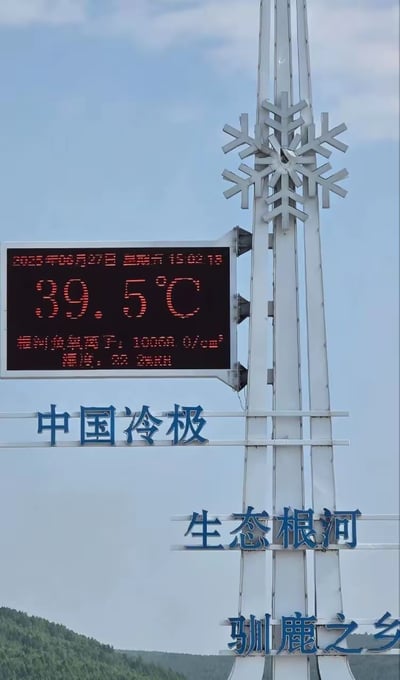 画面中是一座高耸的金属结构纪念碑，顶部装饰着巨大的雪花造型，象征着“中国冷极”的称号。碑体从上到下依次悬挂着蓝色标语牌，分别写有“中国冷极”“生态根河”“驯鹿之乡”字样。最引人注目的是碑体中部的电子显示屏，鲜红的数字清晰显示当前温度为39.5℃，屏幕上方还标注着日期“2025年06月27日 星期五”和时间“15:02:18”，以及空气负氧离子浓度“10000 0/cm³”和湿度“22% RH”。背景是晴朗的蓝天和远处的绿色山林，形成鲜明对比的是，以寒冷著称的“中国冷极”地标此刻正显示着接近40℃的高温，极具讽刺意味。