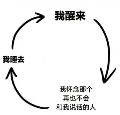 这是一张黑白简约风格的静态图文混排图，画面中央有一个由黑色箭头构成的圆形循环。循环的三个节点分别标注着文字：顶部为“我醒来”，右下角为“我怀念那个再也不会和我说话的人”，左下角为“我睡去”。箭头按顺时针方向连接三个节点，形成“醒来→怀念→睡去→醒来”的无限循环结构，直观展现了一种被思念情绪包裹的日常循环状态。