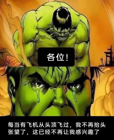 这是一张改编自漫威绿巨人（浩克）形象的上下拼接式网络梗图。上半部分是呈现暴怒姿态的绿巨人，配文“各位！”，营造出强烈的情绪铺垫；下半部分是绿巨人的面部特写，他眼含泪水、满脸悲伤，配文“每当有飞机从头顶飞过，我不再抬头张望了，这已经不再让我感兴趣了”。通过绿巨人从暴怒到悲伤流泪的巨大形象反差，用看似平淡的生活感慨，表达出对曾经感兴趣的事物失去热情的无奈与疲惫，这种反差感让图带有心酸的幽默感，容易引发人们对生活中热情消退的共鸣。