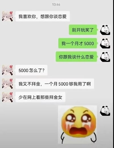 这是一张模拟聊天对话的梗图，展示了一段关于收入与恋爱的有趣对话。左侧是动漫风格头像发送的消息：“我喜欢你，想跟你谈恋爱”，右侧熊猫头表情包回复：“别开玩笑了，我一个月才5000，你跟我谈什么恋爱”。动漫头像回应：“5000怎么了？我又不拜金，一个月5000够我用了啊，少在网上看那些拜金女”。图片底部有一个夸张的哭泣表情，增强了幽默效果。