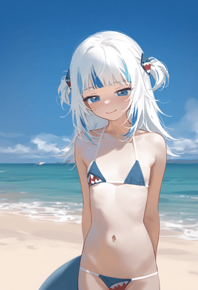 这是一张AI生成的二次元同人插画，主体是hololive English的虚拟主播噶呜·古拉。她有着标志性的白发蓝挑染发型，搭配鲨鱼造型发饰，身穿带有鲨鱼嘴元素的蓝白比基尼，站在晴朗蓝天与碧海白沙的海滩场景中。角色脸颊带着淡淡的红晕，眼神柔和含笑，双手背在身后，姿态腼腆羞涩。背景的海面上还能看到一架小型水上飞机，整体画面色调清新明亮，充满夏日海边的闲适治愈氛围。