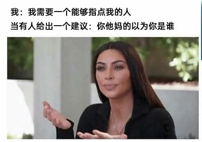 这是一张图文结合的表情包，上方配文构建了一个充满矛盾的场景：自己怀着期待想要得到他人的指点与建议，结果收到的却是充满攻击性的指责话语“你他妈的以为你是谁”。下方搭配金·卡戴珊摊手的画面，她一脸无奈又无语的神态，完美诠释了此刻尴尬、憋屈又无力的心情，精准戳中人们在寻求帮助却被恶语相向时的复杂情绪。