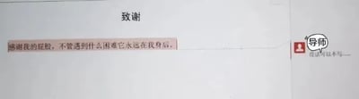 图片展示了一份文档的“致谢”页面，其中关键文字被修改为“感谢我的屁股，不管遇到什么困难它永远在我身后”，右侧有一个标注为“导师”的红色头像图标。通过将原本应感谢导师的内容故意替换为“屁股”，形成打字错误（typo）式的幽默效果，调侃学术写作中对导师的致谢场景。