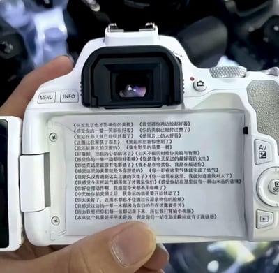 这是一张经过P图改编的白色单反相机界面截图，相机屏幕上被替换为一整组拍照时用于夸赞被拍摄者的话术合集，内容涵盖外貌、姿态、穿搭、氛围感等多个维度，例如「头发乱了也不影响你的美貌」「你坐在这里就很有电影感了」等，这类话术能帮助摄影师在拍摄时调动被拍者情绪，让拍摄更顺利，整体内容实用又充满趣味，没有双关或谐音梗。