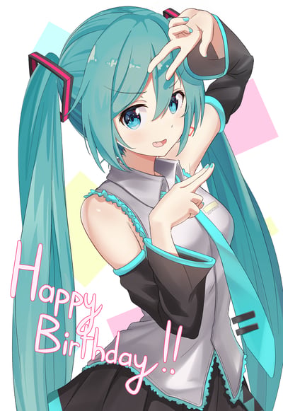这是一张初音未来的生日主题插画。画面中，初音未来有着标志性的蓝绿色双马尾，头发上系着粉色发饰。她穿着灰色和黑色相间的无袖上衣，搭配蓝色领带，正微笑着比出双手指向自己的脸颊。背景是由粉色、蓝色和黄色的几何方块组成，左下角有粉色手写体的"Happy Birthday!!"文字，整体风格可爱欢快，充满生日庆祝的氛围。