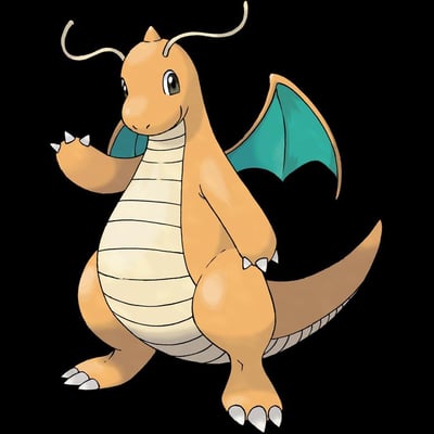图片中展示的是宝可梦系列中的经典角色快龙(Dragonite)。这是一只橙色的龙系宝可梦，拥有圆润的身体和白色的腹部条纹。它的头部有两根弯曲的触角，眼睛大而明亮，嘴巴微微上扬，呈现出友好的微笑表情。快龙的背后长着一对宽大的蓝色翅膀，四肢粗壮，爪子为白色。它正站立着，右前爪微微抬起，姿态显得亲切而充满活力。整个角色形象绘制精美，线条流畅，色彩鲜明，背景为纯黑色，使得角色更加突出。