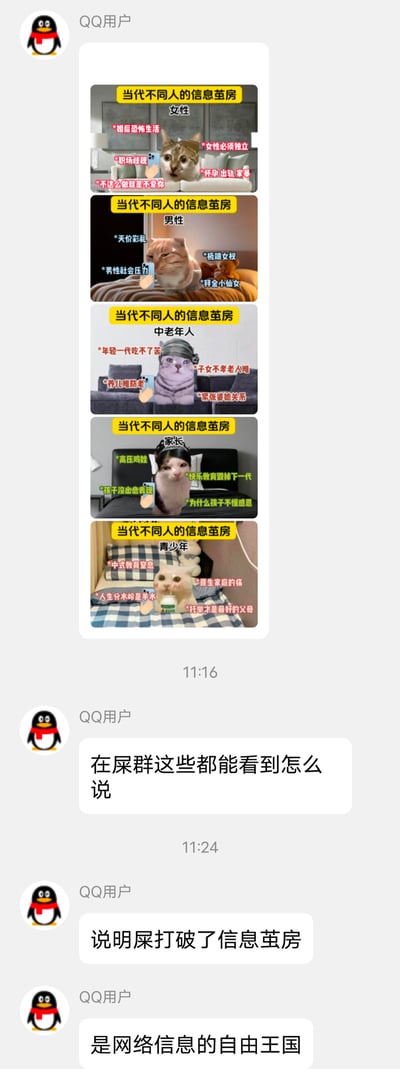 这是一段QQ聊天记录截图，聊天中先发送了一组「当代不同人的信息茧房」拟人化猫咪梗图：用不同造型的猫咪分别代表女性、男性、中老年人、家长、青少年群体，列出每个群体常接触的焦虑类信息，精准戳中各群体的普遍焦虑点；随后聊天者玩梗，称在被戏称为「屎群」的内容混杂的群聊里能看到所有这些信息，调侃「屎打破了信息茧房」，将鱼龙混杂的群聊戏称为「网络信息的自由王国」，用反差感制造搞笑效果，引发对信息茧房和群聊生态的调侃。