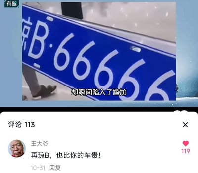 这是一张结合视频截图与社交平台评论区的梗图，上方是汽车平台「有驾」的视频截图，展示了一块海南（琼）的B开头6666连号车牌，配文「却瞬间陷入了尴尬」，尴尬点来自「琼B」谐音「穷B」的网络调侃；下方是评论区内容，用户「王大爷」发布评论「再琼B，也比你的车贵！」，用反调侃的方式点出连号车牌的价值远超普通车辆，反差感拉满，获得119个赞，十分搞笑。
