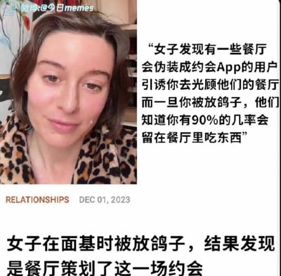 图片左侧为一位穿着豹纹外套的女子自拍肖像，右侧及下方配有文字内容，讲述女子在约会App面基时被放鸽子，随后发现是餐厅伪装用户策划的营销套路，利用被放鸽子者90%的概率留在餐厅消费。整体为社交媒体上传播的图文结合内容，揭露一种新奇的餐厅营销手段。