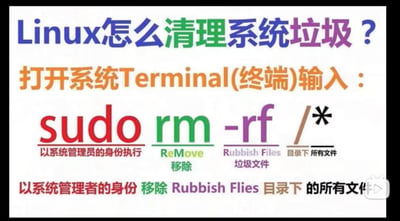 这是一张针对Linux系统的恶搞整活梗图，图中伪装成「系统垃圾清理教程」，引导用户在终端输入命令`sudo rm -rf /*`，并对命令参数进行了错误的谐音解释：将`rm`标注为「移除」，`-rf`强行解释为「Rubbish Files（垃圾文件）」，`/*`解释为「目录下所有文件」。但实际上，`sudo rm -rf /*`是Linux系统中极其危险的命令，执行后会递归强制删除根目录下的所有文件，直接导致系统彻底崩溃无法使用。
谐音梗说明：图中刻意将`-rf`曲解为「Rubbish Files」，玩了英文单词的谐音梗，混淆了命令参数的真实含义。