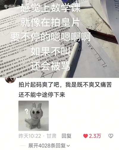 这是一张吐槽数学课的搞笑梗图，上方是铺满数学练习题的作业纸，叠加了夸张吐槽的文字：“感觉上数学课就像在拍皇片，要不停的嗯嗯啊啊，如果不叫还会被骂”，用低俗但极具共鸣的比喻，调侃学生在数学课上跟不上节奏，被迫附和老师提问的窘迫与痛苦。
下方是抖音风格的评论区截图，一条来自甘肃的高赞评论补充道：“拍片起码爽了吧，我是既不爽又痛苦，还不能中途停下来”，并搭配了一个带问号的AI生成迷惑人脸兔表情包，进一步强化了被数学支配的无奈感。
注：图中“皇片”是“黄片”的谐音，用低俗比喻放大学习的痛苦感，属于玩梗式吐槽。