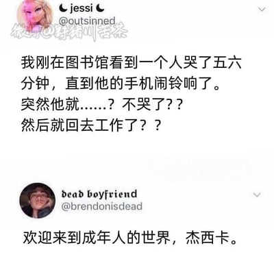 这是一张来自X（原推特）平台的社交媒体互动截图，已被翻译为中文。上方用户jessi发文称自己在图书馆见到一名陌生人哭了五六分钟，对方的手机闹铃响起后立刻停止哭泣，转头回去工作，jessi对此感到十分诧异。下方名为dead boyfriend的用户回复道“欢迎来到成年人的世界，杰西卡”，点明了成年人即便遭遇情绪崩溃，也需要控制时长、不能耽误工作与正事的无奈生存现状。截图左上角带有半透明水印“微博@野猪川苦茶”，说明该内容是由国内微博用户搬运翻译的海外社交平台内容。