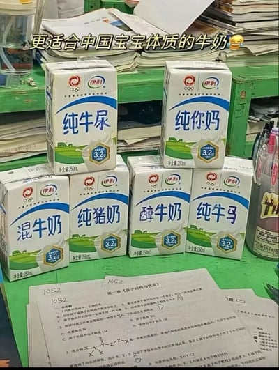 图片中展示了几盒伊利牛奶盒被恶搞修改文字的场景，原本的‘纯牛奶’被分别改为‘纯牛尿’、‘纯你妈’、‘混牛奶’、‘纯猪奶’、‘纯牛马’等搞笑或低俗内容，顶部配有文字‘更适合中国宝宝体质的牛奶😂’，明显是对伊利经典广告语的戏仿。背景是堆满书本和试卷的桌面，推测可能是学生的书桌，整体营造出一种幽默讽刺的效果，通过修改产品名称来达到搞笑目的。