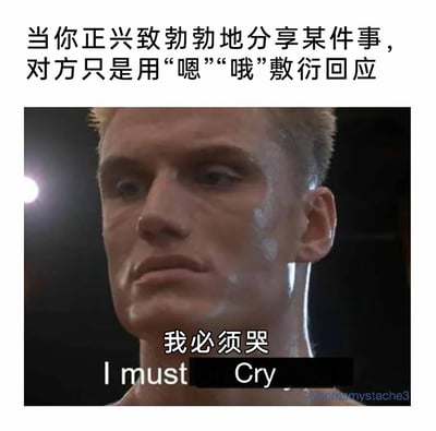 这是一张改编自经典电影截图的网络表情包，上方配文精准描述了日常社交中常见的尴尬场景：当自己满怀兴致地和他人分享事情时，对方却只用“嗯”“哦”这类敷衍的语气词回应，瞬间浇灭分享的热情。图中是电影《洛奇4》里由杜夫·龙格尔饰演的伊万·德拉戈，他脸上带着汗水，面部表情隐忍又带着委屈，强忍着即将落泪的情绪，下方配文“我必须哭”和英文“I must Cry”，将分享热情被敷衍后的失落、委屈的情绪生动地展现出来，能够引发众多网友在社交中遭遇敷衍时的情绪共鸣，是用来吐槽敷衍社交的热门表情包。