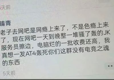 这是一张社交媒体评论截图，用户“臻青”发布评论吐槽，自己去网吧是为了满足上网玩游戏的网瘾需求，但现在很多网吧偏离了原本的电竞相关定位，反而走擦边路线，雇佣穿JK服饰的服务员搞软色情营销，同时网吧的电脑配置很差收费却偏高，他对此十分愤怒，放狠话称想用AT4火箭筒轰走这些没有电竞之魂的运营者，该评论发布于5天前。