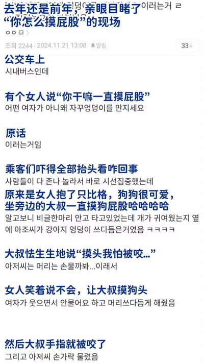 这是一张来自论坛的截图，讲述了一段在公交车上乌龙趣事。标题引人注目地描述了当事人亲眼见到“你怎么摸屁股”的现场。正文辅以中韩双语，对事件过程详细描述：一位大叔因为狗狗太可爱，伸手去摸狗的屁股，却被旁边的女士误会不停地摸她的屁股，最后闹了乌龙。本图最大亮点是误会的喜剧效果和反转，以及人狗互动带来的轻松幽默。

本故事有明显的双关和误会梗，利用“摸屁股”既有字面意义又指代误会事件，制造强烈笑点。