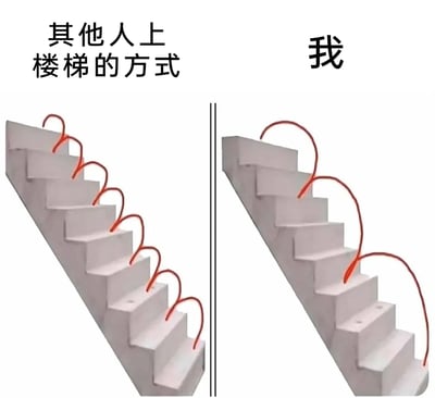这是一张左右分栏对比的静态3D渲染梗图，左侧区域标注文字“其他人上楼梯的方式”，搭配的红色箭头清晰展示出一步一个台阶、依次踏上每级楼梯的常规上楼梯路径；右侧区域标注文字“我”，红色箭头则展示出一次跨越两个台阶、每步跳过一级楼梯的上楼梯路径。该图通过直观的视觉对比，用幽默的方式展现了自己与多数人在上楼梯习惯上的差异，能够引发有相同行为习惯的网友的共鸣，属于生活趣味类梗图。