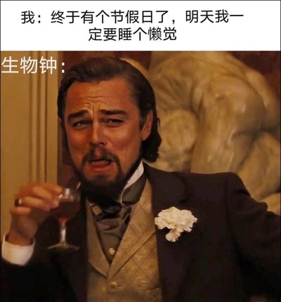 这是一张引发大众共鸣的搞笑梗图，上方配文是“我”的内心想法：“终于有个节假日了，明天我一定要睡个懒觉”，下方则是电影《被解救的姜戈》中莱昂纳多饰演角色的经典嘲讽举杯画面，并标注为“生物钟”。图中用这个充满嘲讽感的画面，生动表现了当代人在节假日想要补觉睡懒觉，却被长期养成的生物钟早早唤醒，计划彻底落空的无奈又好笑的日常经历，精准戳中了被生物钟支配的生活痛点，极易引发上班族、学生群体的共鸣。