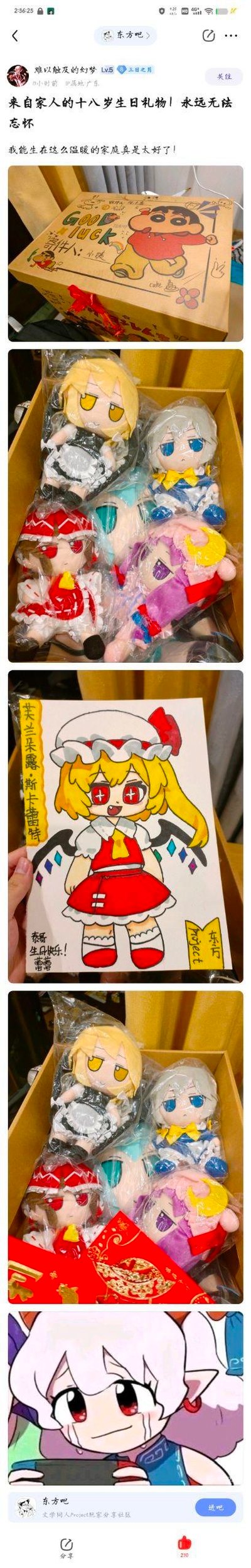 社交媒体截图，多图拼接展示来自家人的十八岁生日礼物。包含一个印有卡通图案的礼盒，内有多个不同动漫角色的毛绒玩具；一张手绘的十六夜咲夜（东方Project角色）画像，旁边写有“生日快乐！”；以及一张Q版风格的悲伤表情动漫角色插画。配文表达收到礼物的幸福感。