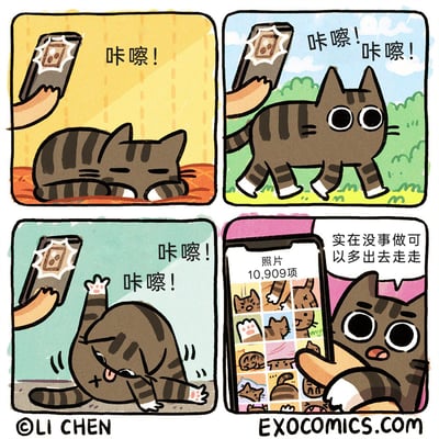 这是一则四格搞笑漫画，第一格中，一只虎斑猫正蜷缩着睡觉，一旁的人拿着手机对着它“咔嚓”拍照；第二格，猫咪在户外走路，人依然跟着它不停拍照，发出“咔嚓！咔嚓！”的声响；第三格，猫咪在舔毛做鬼脸，人还是没停下拍照的动作；第四格，猫咪抢过人的手机，看到相册里有10909张自己的照片，对着人吐槽道“实在没事做可以多出去走走”，用幽默的方式展现了宠物主人过度拍摄宠物的日常，以及猫咪的“无奈反击”。