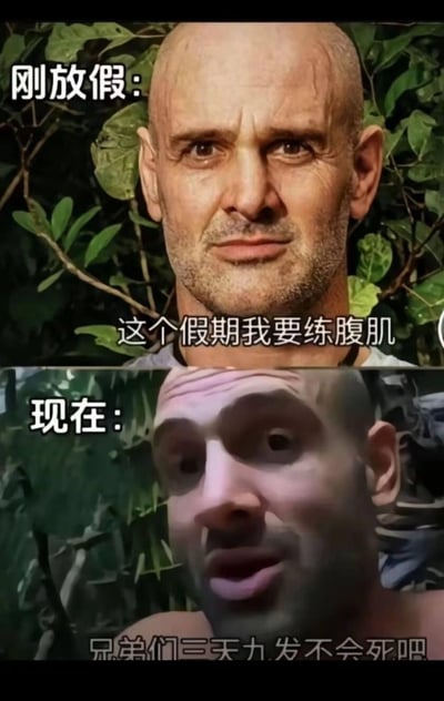 这是一张上下分栏的对比梗图，上方呈现刚放假时的状态：出自纪录片《单挑荒野》的埃德·斯塔福德表情坚定，配文“这个假期我要练腹肌”，展现出立下健身flag时的满满斗志；下方则是假期中的真实现状：人物被恶搞成模糊颓废的模样，配文“兄弟们三天九发不会死吧”，精准还原了很多人假期立健身目标后彻底摆烂、放纵自我的真实经历，充满搞笑与自嘲的氛围，引发大众共鸣。