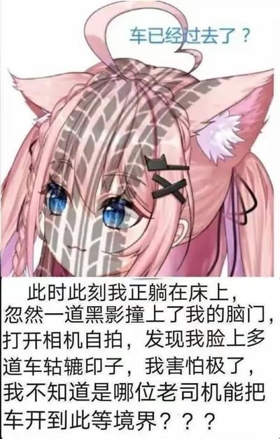 这是一张图文混排的搞笑梗图，上方是一位有着粉色双马尾和猫耳的二次元猫娘形象，她的脸部和额头被P上了清晰的车轱辘碾压痕迹，上方配文“车已经过去了？”；下方是一段第一人称的文字描述：“此时此刻我正躺在床上，忽然一道黑影撞上了我的脑门，打开相机自拍，发现我脸上多道车轱辘印子，我害怕极了，我不知道是哪位老司机能把车开到此等境界？？？”。图中用夸张的P图效果和无厘头的文字，营造出“脑门被车碾过”的荒诞搞笑场景，没有双关、谐音梗等内容，纯粹是通过夸张的设定制造幽默效果。