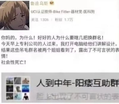 这是一张社交媒体朋友圈截图类梗图，用户以动画《无职转生~到了异世界就拿出真本事~》中的鲁迪乌斯作为头像，发文吐槽自己的社死经历：在给专利公司人员讲解设计时，电脑上显示的奇怪群名「人到中年-阳痿互助群」被旁边的两个姐姐看到，对方露出不可言状的表情，让自己瞬间社会性死亡，充满了尴尬又搞笑的氛围。