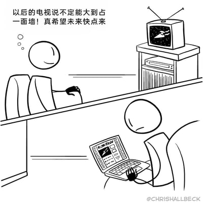 这是一幅带有反差讽刺效果的黑白卡通漫画，分为上下两个场景。上方是过去的场景：一个卡通人物坐在老式带天线的显像管小电视前，电视播放着太空题材内容，人物一脸憧憬地畅想未来的电视可以大到占满一面墙，期盼未来到来；下方是未来的场景：另一个卡通人物坐在椅子上，操作着一台打开的笔记本电脑，屏幕上播放着和当年电视里一样的太空内容，人物表情无奈失落。漫画通过这种对比，讽刺了科技发展的奇妙走向：过去人们畅想的大屏电视早已成为现实，但如今的人们却更多地选择在小尺寸的移动设备上观看内容，和当初的畅想形成了有趣的反差。