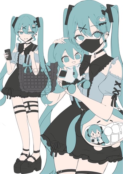 这是一张画师原创的初音未来衍生插画，采用黑蓝为主的甜酷暗黑风格，展示了两个不同状态的初音：左侧的初音手持手机，表情烦躁不耐，背着装满Q版初音的泡泡网格包；右侧的初音戴着黑色口罩，神态温和，正温柔抚摸着怀里的Q版初音，腰包里还露出一只开心的小初音。整体造型加入了项圈、口罩、绑带、荷叶边等元素，打造出潮流感十足的二次元形象，无双关、谐音梗或暗示内容。
