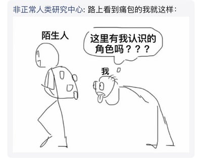 这是一幅手绘简笔趣味漫画，顶部配文说明内容是创作者展示自己在路上看到别人背痛包时的状态。画面左侧是标注为陌生人的火柴人，背着装饰有多个徽章的痛包正在行走；右侧是标注为我的人物，弯着腰伸长身子凑近，瞪大眼镜伸着舌头，内心想法气泡中写着“这里有我认识的角色吗？？？”，生动还原了ACG爱好者在路上看到他人背痛包时，忍不住好奇寻找有没有自己认识角色的有趣日常状态。