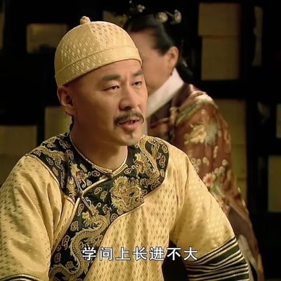 这张图出自知名古装剧《还珠格格》，画面中人物穿着清朝风格的黄袍，字幕写着“学问上长进不大”。这句话常被网友用来自嘲学习或能力提升有限，或吐槽他人知识进步缓慢，是经典的“学渣”表情包。整体氛围带点无奈和幽默感，适合网络群聊、对话中自嘲或调侃别人。“长进不大”有轻微双关，既指学业上进步小，也常被用作形容成长、进步有限的场合。